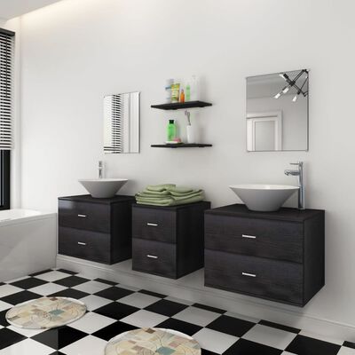 vidaXL Комплект мебели за баня от 7 части и мивка, черен цвят