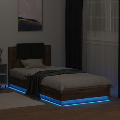 vidaXL Рамка за легло с табла и LED осветление, кафяв дъб, 90x200 см
