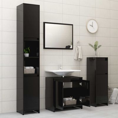 vidaXL Комплект мебели за баня от 3 части, черен гланц, ПДЧ