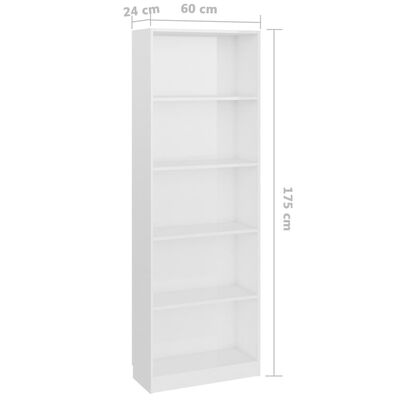 vidaXL 5-етажна библиотека, бял гланц, 60x24x175 см, ПДЧ