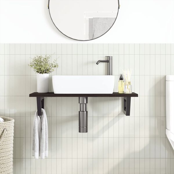 vidaXL Стенен рафт за мивка, стомана и масивно дърво дъб