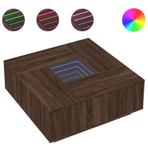 vidaXL Маса за кафе с Infinity LED, кафяв дъб, 100x100x40 см