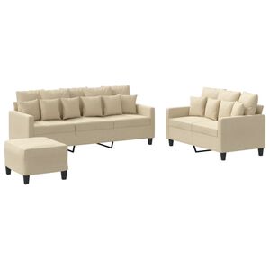 vidaXL Комплект дивани от 3 части с възглавници, кремав, плат