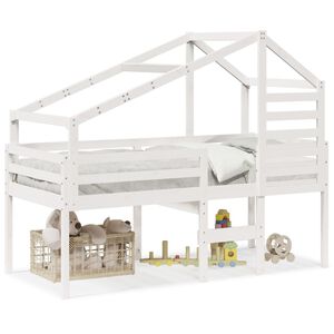 vidaXL Високо легло с покрив, бяло, 90x200 см, борово дърво масив