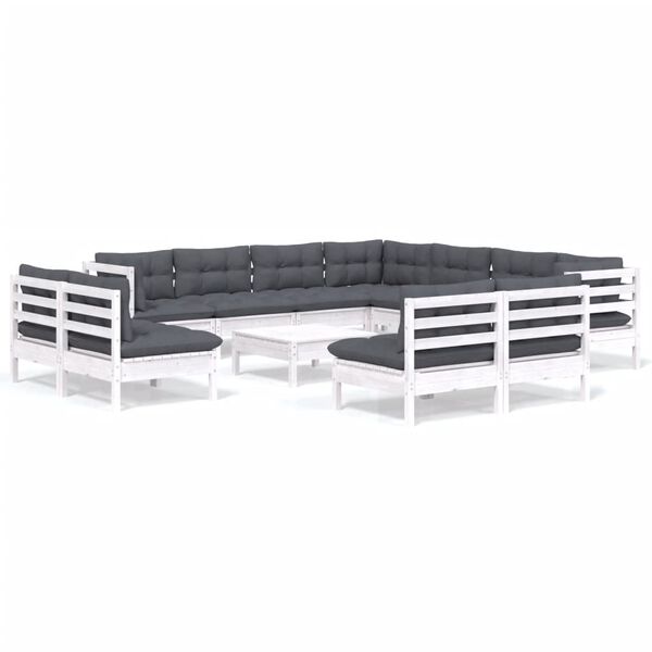 vidaXL Градински лаундж комплект с възглавници 12 части бял бор масив