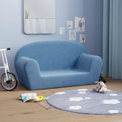 vidaXL 2-местен детски диван, син, мек плюш