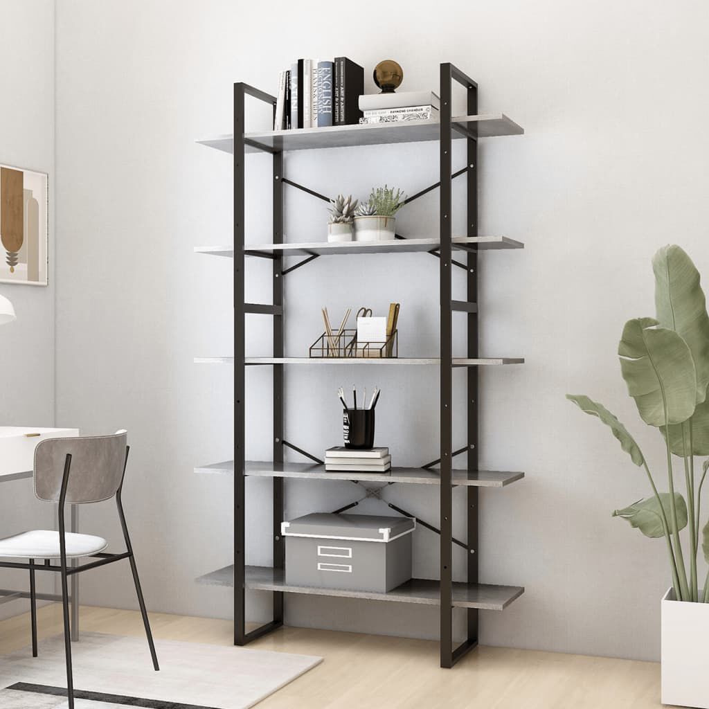 vidaXL 5-етажна библиотека бетонно сива 100x30x175 см инженерно дърво