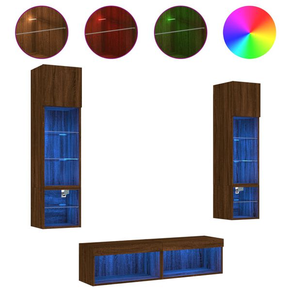 vidaXL ТВ стенни модули с LED, 6 части, кафяв дъб, инженерно дърво