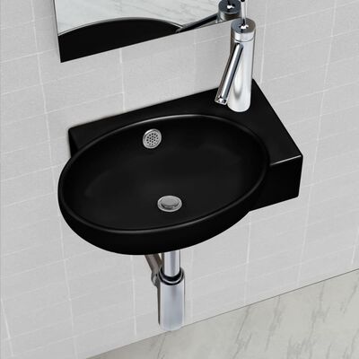 Керамична мивка за баня с преливник, отвор за смесител, черна, кръгла