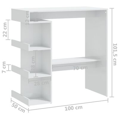 vidaXL Бар маса с шкаф за съхранение, бял гланц, 100x50x101,5 см