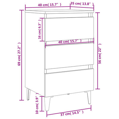 vidaXL Нощно шкафче с метални крака, бял гланц, 40x35x69 см
