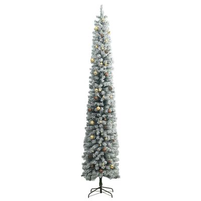 vidaXL Тънка коледна елха с 300 LED, топки и флокиран сняг, 300 см