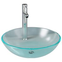 vidaXL Мивка за баня с кран и сифон, матирано закалено стъкло