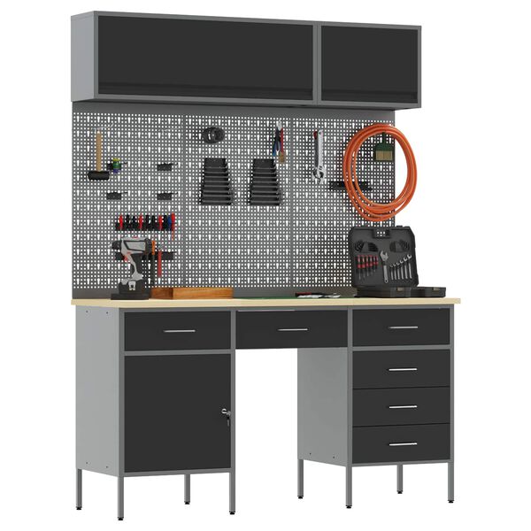 vidaXL Комплект работни шкафове с чекмедже със съхранение 8 pcs Черно