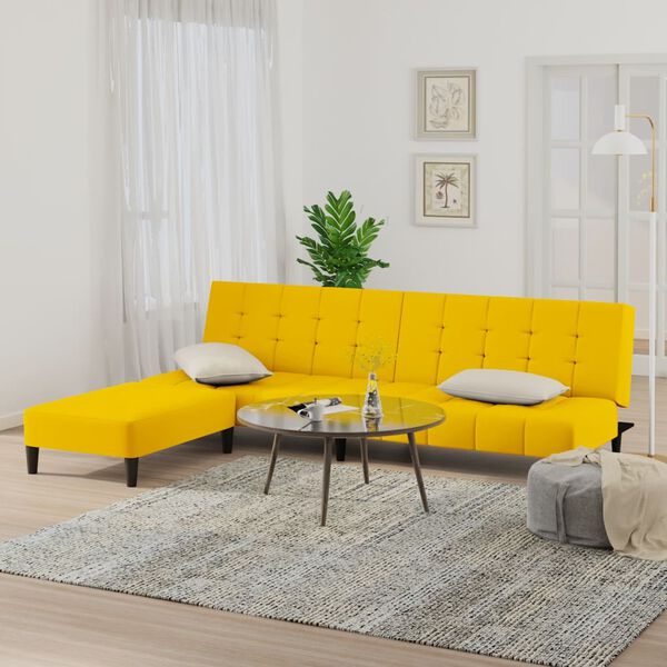 vidaXL 2-местно разтегателно канапе с табуретка, жълто, кадифе