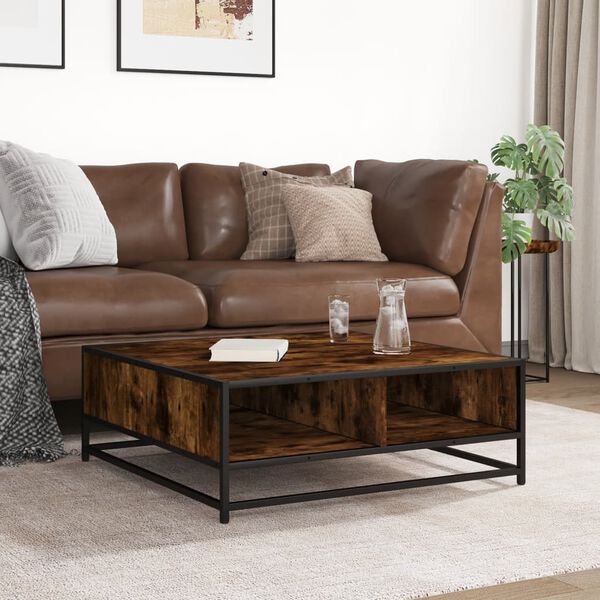 vidaXL Кафе маса, опушен дъб, 80x80x30 см, инженерно дърво и метал