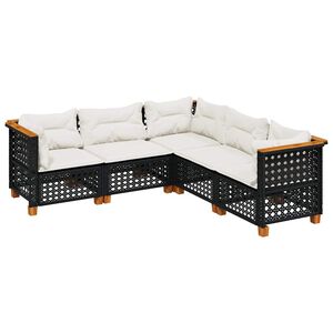 vidaXL Градински комплект с възглавници, 5 части, черен полиратан