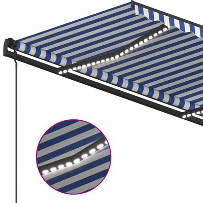 vidaXL Ръчно прибиращ се сенник с LED, 5x3,5 м, синьо и бяло