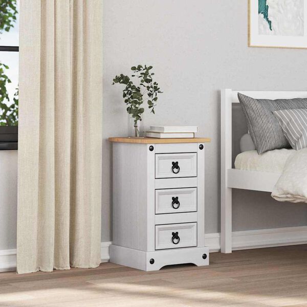 vidaXL Нощно шкафче Corona Бяло 35 x 32,5 x 58 см Солидно борово дърво