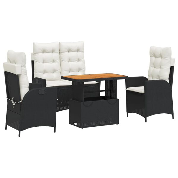 vidaXL Градински трапезен комплект възглавници 4 части черен полиратан