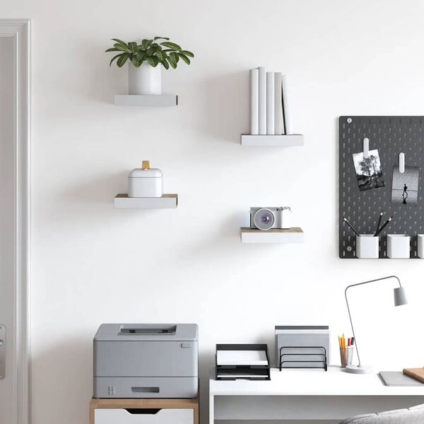 vidaXL Окачени стенни рафтове, 4 бр, дъб и бял, 23x23,5x3,8 см, МДФ