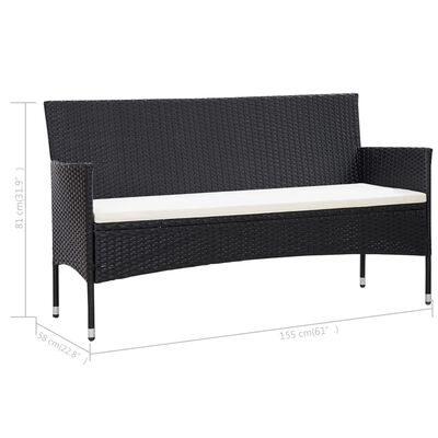 vidaXL 3-местен градински диван с възглавници, черен, полиратан
