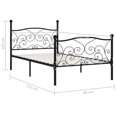 vidaXL Рамка за легло с ламелна основа, черна, метал, 90x200 см