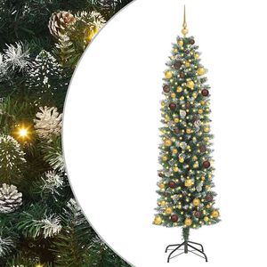 vidaXL Изкуствено Тънко Коледно Дърво с поставка Зелен и бял 210 cm