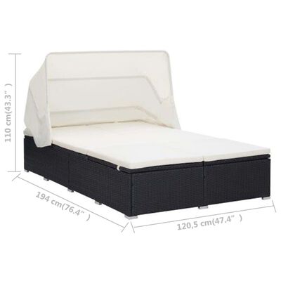 vidaXL 2-местно легло за открито с възглавница, черен полиратан