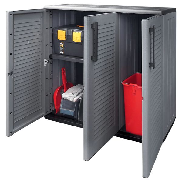 vidaXL Градински шкаф за съхранение, сиво и черно, 102x37x84 см, PP