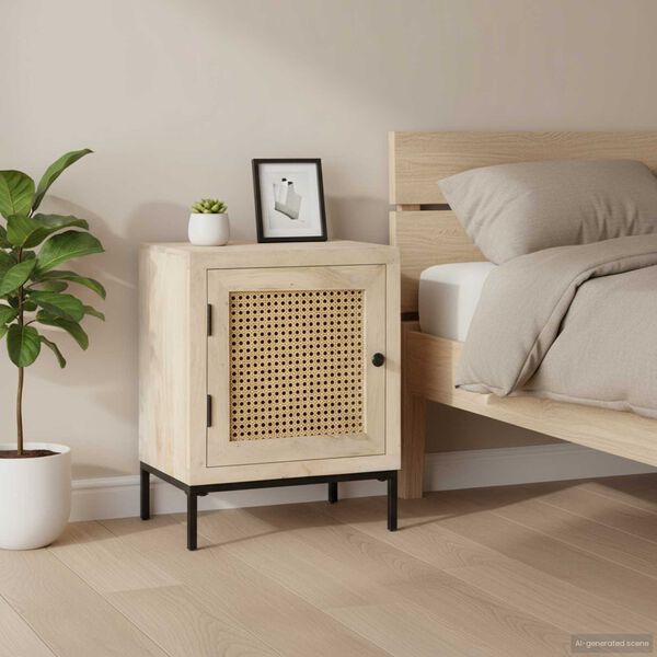 vidaXL Нощно шкафче, 40x30x50 см, мангово дърво масив и тръстика