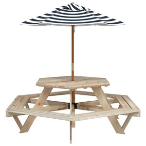 vidaXL Пикник маса за 6 деца, с чадър, шестоъгълна, чамово дърво масив