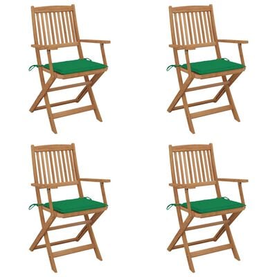 vidaXL Сгъваеми градински столове, 4 бр, с възглавници, акация масив