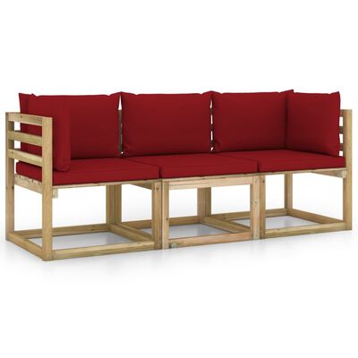 vidaXL 3-местен градински диван с виненочервени възглавници