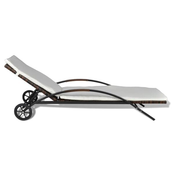 vidaXL Шезлонг с шалте и колелца, кафяв полиратан