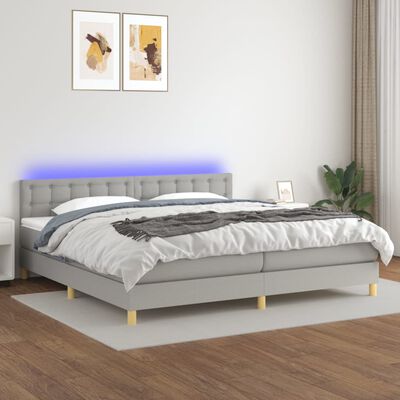 vidaXL Боксспринг легло с матрак и LED, светлосиво, 200x200 см, плат