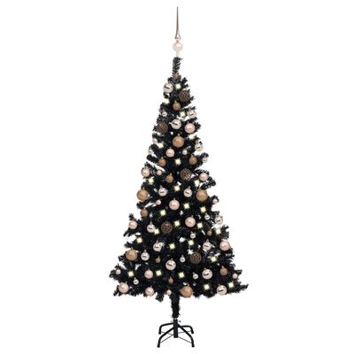 vidaXL Изкуствена осветена коледна елха с топки черна 120 см PVC