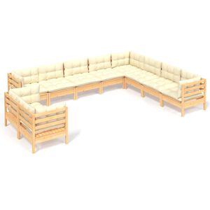 vidaXL Градински комплект с кремави възглавници, 10 части, бор масив