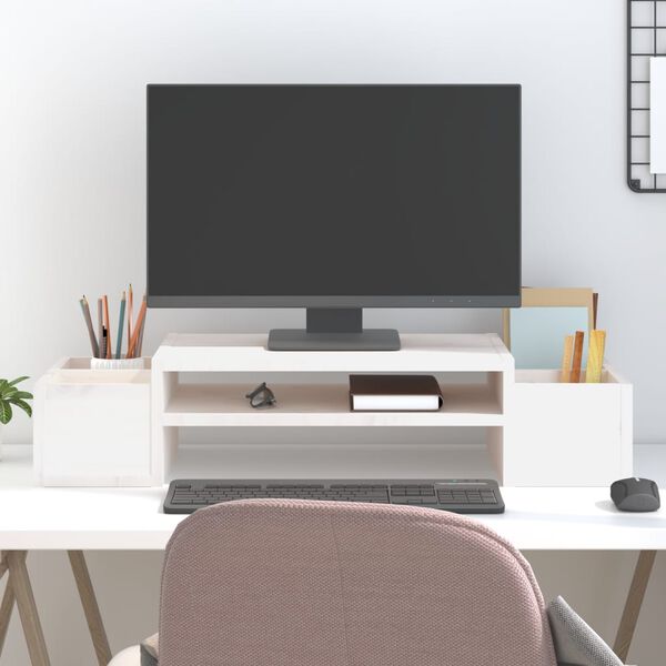 vidaXL Поставка за монитор, бяла, 70x27,5x15 см, бор масив