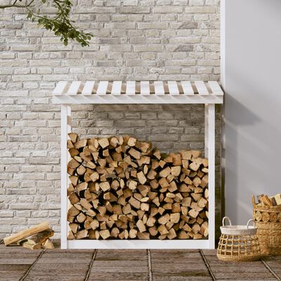 vidaXL Поставка за дърва за огрев, бяла, 108x64,5x110 см, бор масив
