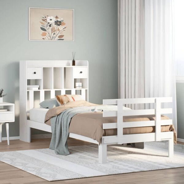 vidaXL Легло с рафтове за книги, без матрак, бял, 90x190 см, бор масив