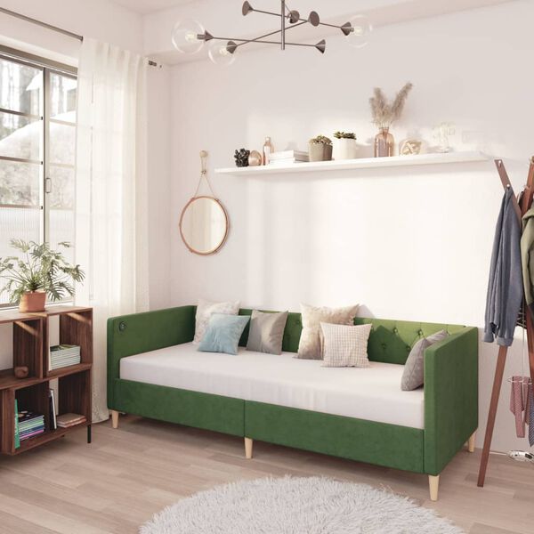 vidaXL Дневно легло с матрак, USB, тъмнозелено, текстил, 90х200 см