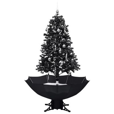 vidaXL Коледна елха с валящ сняг и основа от чадър, черна, 170 см, PVC