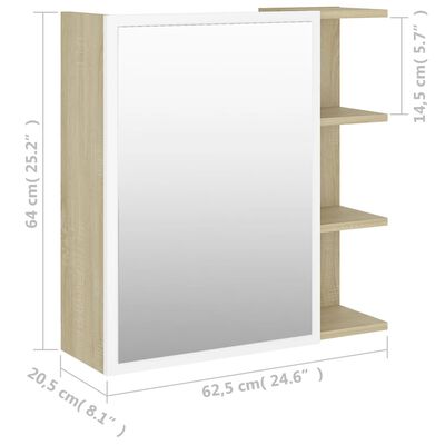 vidaXL Шкаф за баня с огледало бяло и дъб сонома 62,5x20,5x64 см ПДЧ