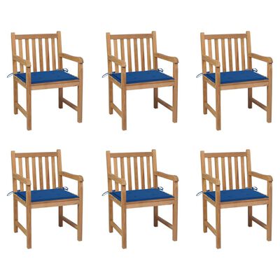 vidaXL Градински столове, 6 бр, с кралскосини възглавници, тик масив
