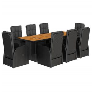 vidaXL Градински трапезен комплект възглавници 9 части черен полиратан