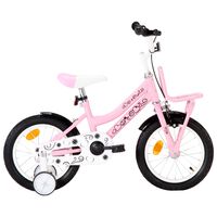 vidaXL Детски велосипед с преден багажник, 14 цола, бяло и розово