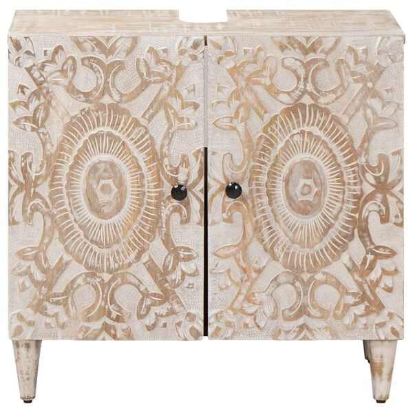 vidaXL Шкаф за мивка в баня Бяло 62 x 33 x 58 см Солидно мангово дърво