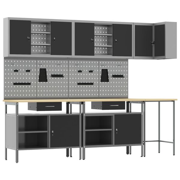 vidaXL Комплект работни шкафове с чекмедже с рафт 10 pcs Черен и Сив