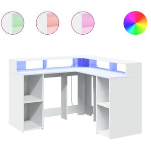 vidaXL Бюро с LED осветление, бяло, 130x130x91 см, инженерно дърво